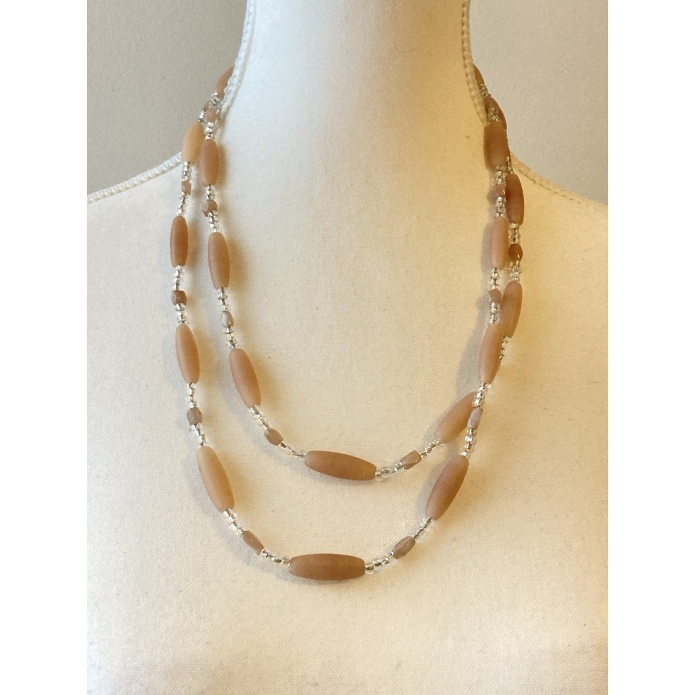 Romantic Glass Beaded Necklace Double Strand Silver Tone Pretty‎ In Peach Soft